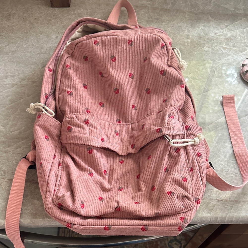 Pink Corduroy Backpack with Red Starwberries